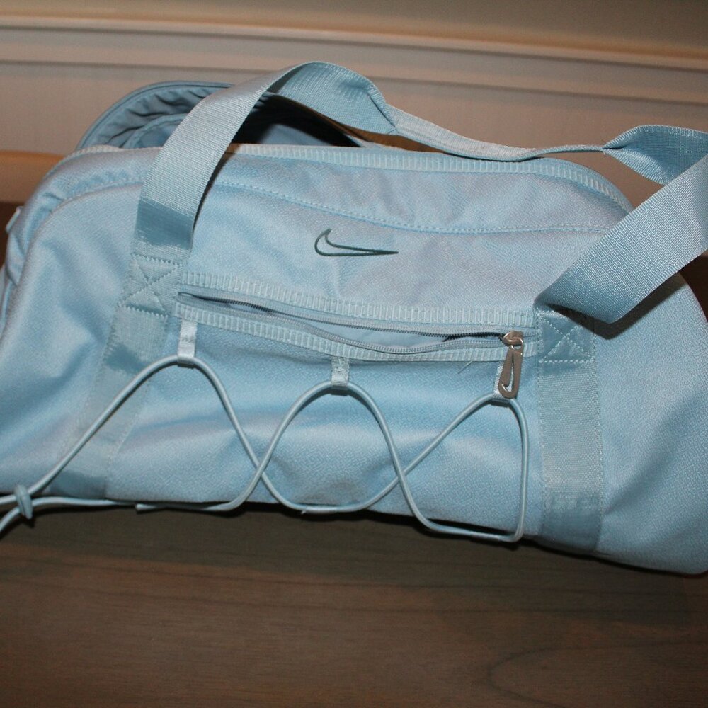 Nike sky-blue gym duffle bag with yoga mat carrier extension